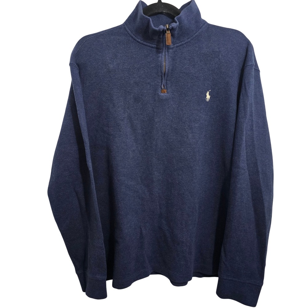 Polo Ralph Lauren Mens Navy Blue 1/4 Zip Cotton Pullover Sweater Size Large